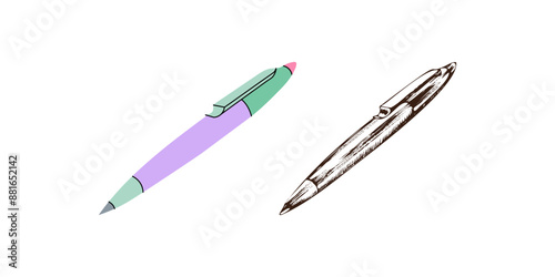 Vector hand-drawn school and office supplies Illustration. Detailed retro style and flat style pen sketch. Back to School. School essential illustration.