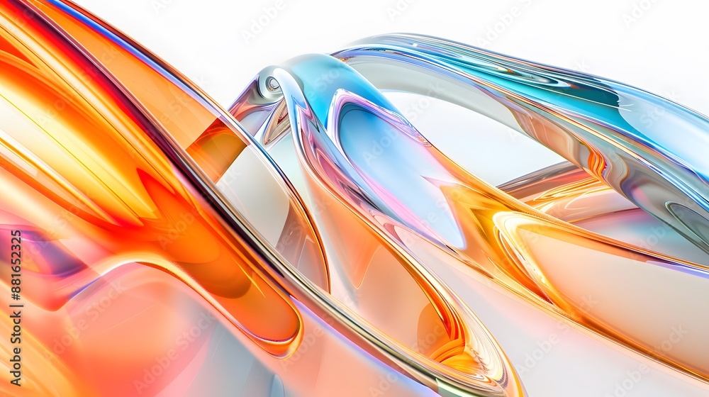 An elegant abstract image showcasing smooth 3d glass curves with colorful reflections on a pure white backdrop. An elegant abstract image showcasing smooth 3d glass curves with colorful reflections on a pure white backdrop.