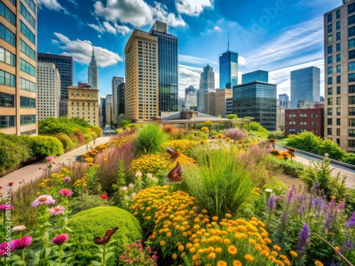 Vibrant green oasis on urban skyscraper rooftop, overflowing with native wildflowers, grasses, and lush foliage, attracting butterflies, bees, and birds in thriving ecosystem. photo