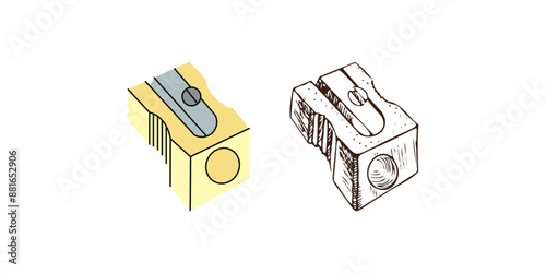 Vector hand-drawn school and office supplies Illustration. Detailed retro style and flat style  sharpener sketch. Vintage sketch element. Back to School. School essential illustration.