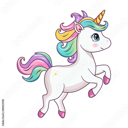 A cute unicorn. A hand-drawn pony with a golden horn isolated on a white background. The magic horse.