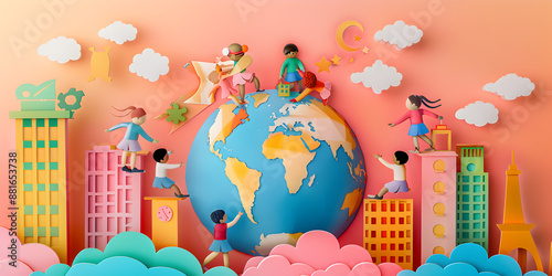 Wallpaper Mural  A Whimsical Paper Cutout Scene of Children Playing Around a Globe in a Colorful Cityscape, Celebrating Unity, Imagination, and the Joy of Childhood Torontodigital.ca