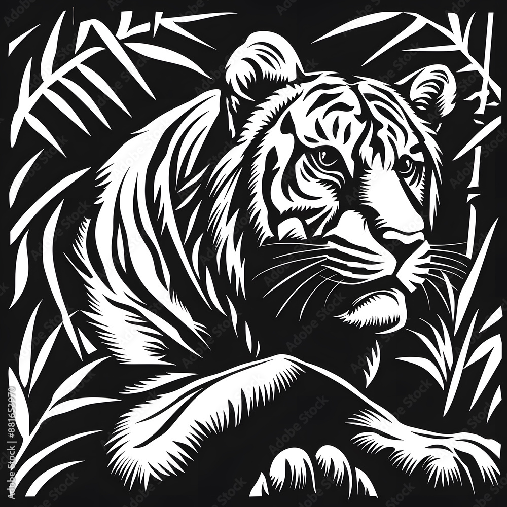 Hand drawn tiger silhouette in a minimal style. Black and white graphic illustration isolated on white background Hand drawn tiger silhouette in a minimal style. Black and white graphic illustration isolated on white background