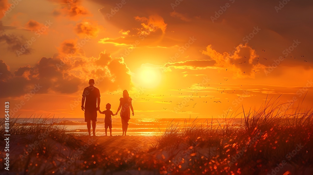 Fototapeta premium Silhouetted Family Watches Breathtaking Sunset Over Tranquil Coastal Landscape