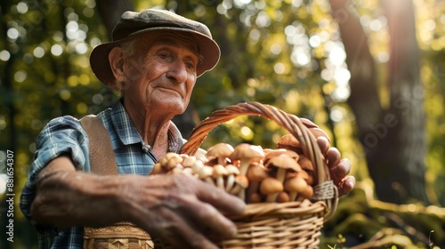 Elderly White Man in Forest Holding Basket of Mushrooms. Concept of foraging, nature, elderly activity, outdoor adventure