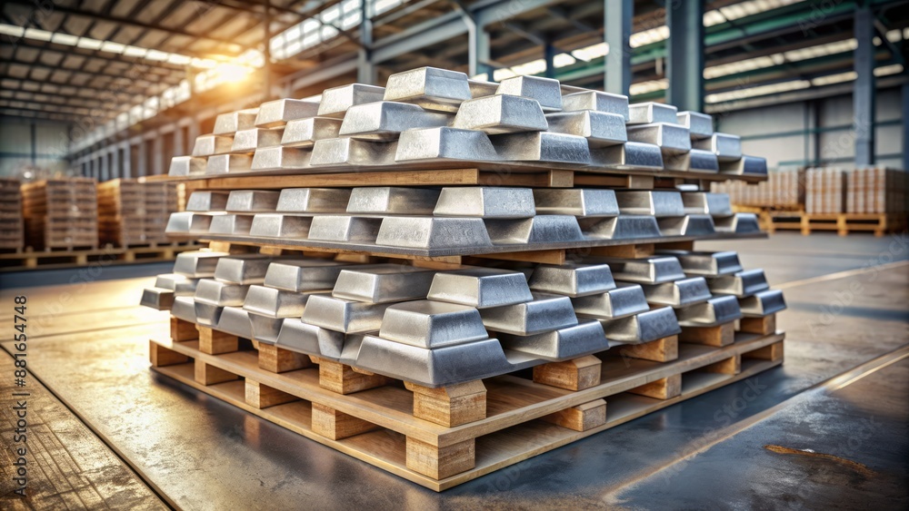 Highly detailed, photorealistic aluminum ingots stacked on a worn wooden pallet, showcasing raw metal, industrial, and factory ambiance. Highly detailed, photorealistic aluminum ingots stacked on a worn wooden pallet, showcasing raw metal, industrial, and factory ambiance.
