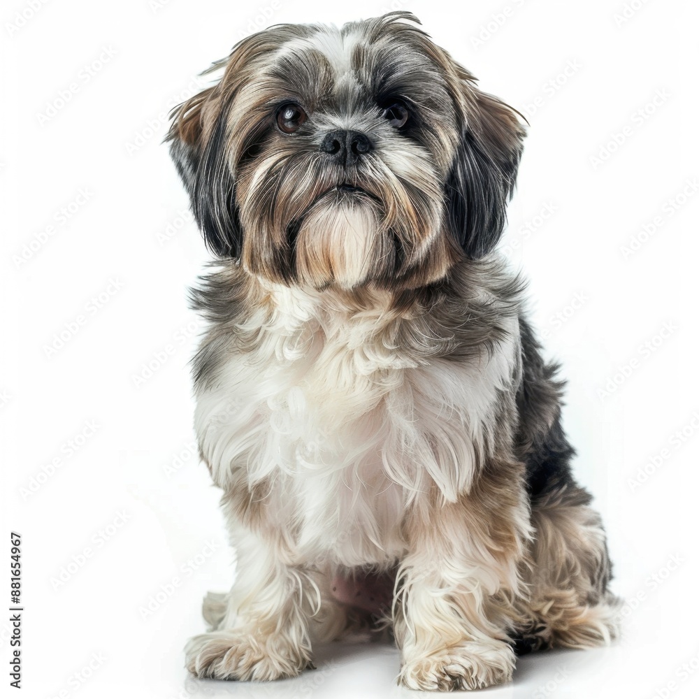 Shih Tzu sitting with fluffy coat on pure white background, dog breeds, small and affectionate companion Shih Tzu sitting with fluffy coat on pure white background, dog breeds, small and affectionate companion