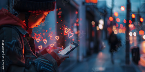 Wallpaper Mural A Heartwarming Scene of a Woman Using Her Smartphone Surrounded by Heart Icons in an Urban Setting, Symbolizing Modern Connections and Romance Torontodigital.ca