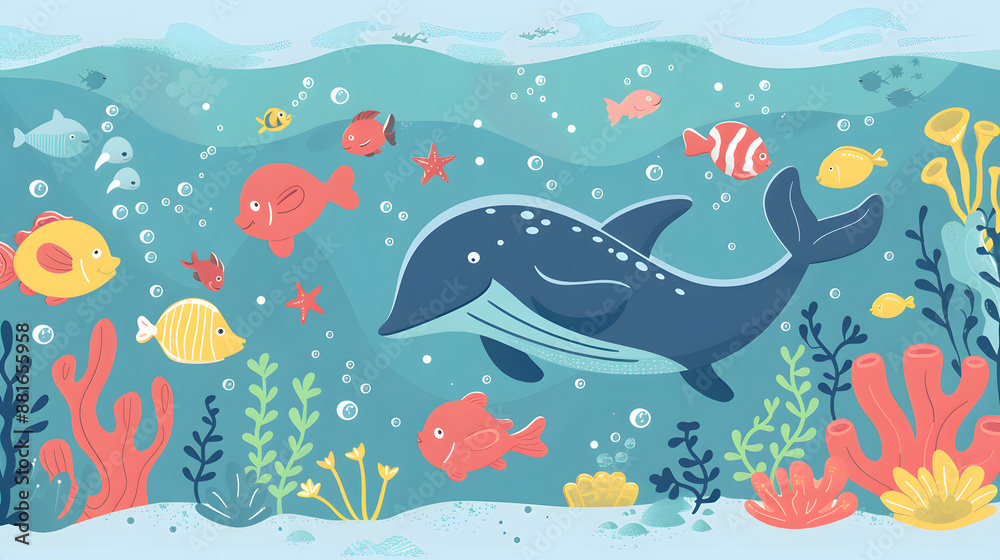 Underwater scene in a flat design style cartoon children illustration