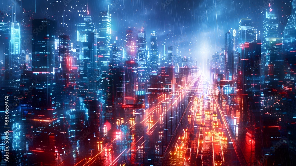 Dazzling Futuristic City Skyline at Night,Towering Illuminated Highrise Buildings and Blurred Motion Dazzling Futuristic City Skyline at Night,Towering Illuminated Highrise Buildings and Blurred Motion