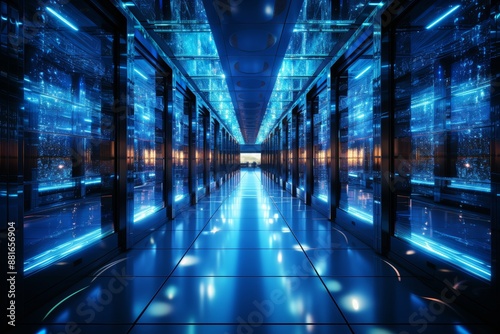 Data center corridor with rack servers, supercomputers, and high internet visualization projection