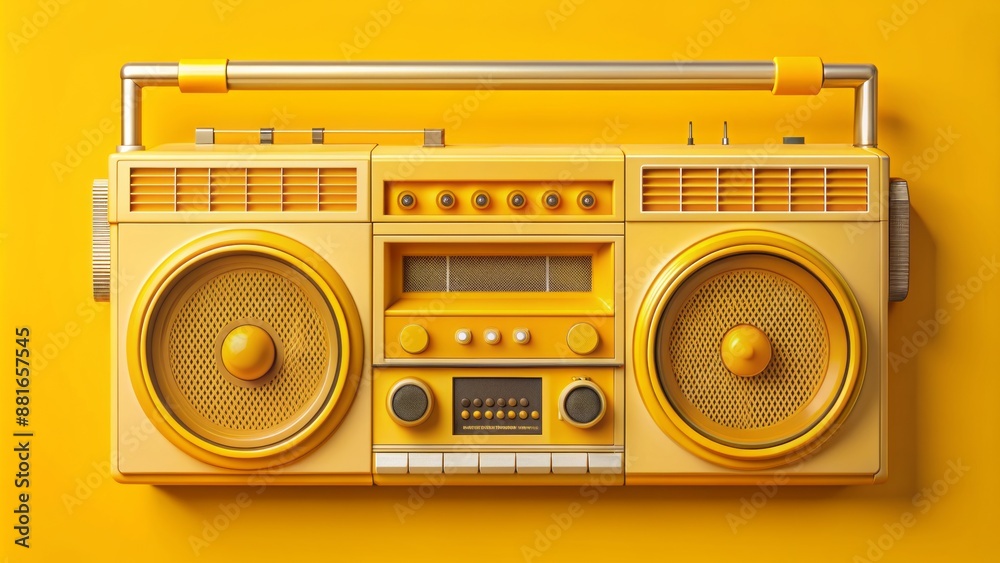 Fototapeta premium Retro yellow boombox radio recorder with cassette deck and speakers illustration in simple flat style with nostalgic 80s vibe.