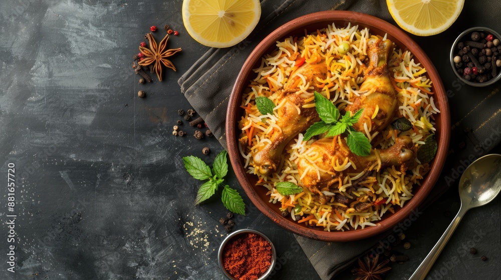 Top view of chicken biryani in clay bowl with spices lemon and copy space Top view of chicken biryani in clay bowl with spices lemon and copy space