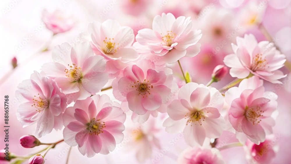 Delicate, soft-focused, blooming pink flowers with gentle petals and subtle texture, isolated on a crisp, pure white background.