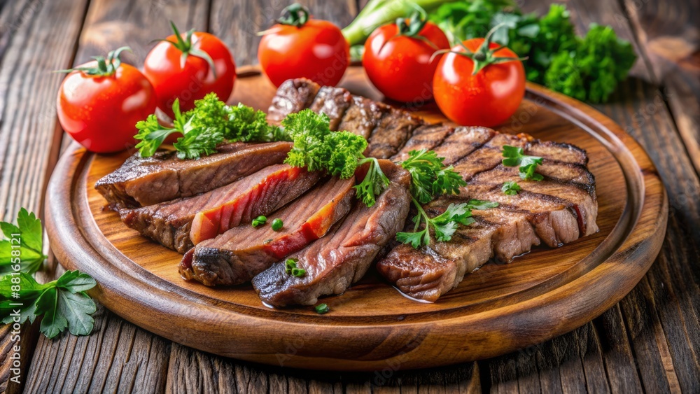 Juicy grilled beef strips served on a rustic wooden plate with a fresh sliced tomato and sprinkle of parsley. Juicy grilled beef strips served on a rustic wooden plate with a fresh sliced tomato and sprinkle of parsley.