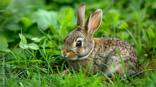 A cute rabbit is in the grass