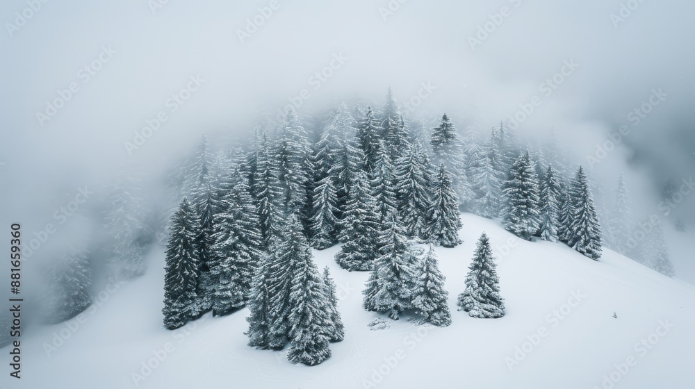 Snow covered pine trees in the Carpathian mountains, Ukraine.