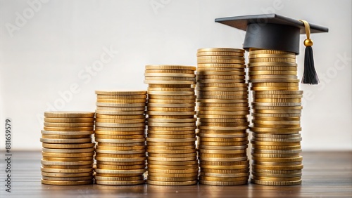 Coin stacks with graduation hat. Saving money for education. Scholarship fund savings.