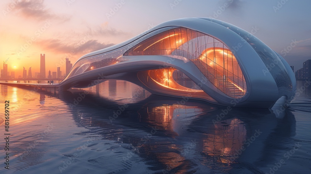 Obraz premium Futuristic Waterfront Building at Sunset - Generative AI