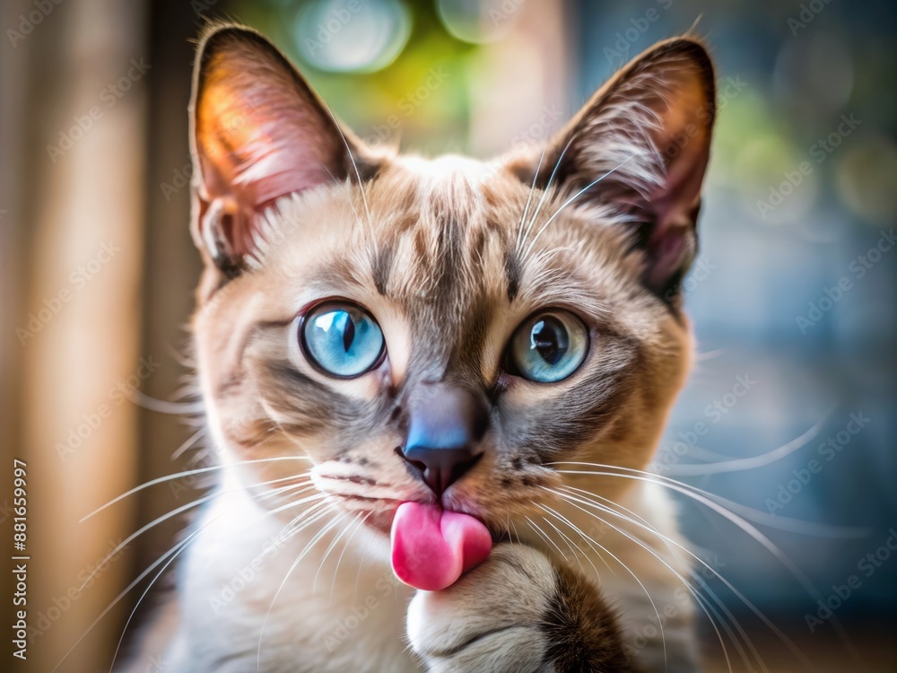 Adorable Thai cat portrait showcasing gentle front paw washing and pink tongue sticking out, featuring a detailed close-up of the cat's face with selective focus. Adorable Thai cat portrait showcasing gentle front paw washing and pink tongue sticking out, featuring a detailed close-up of the cat's face with selective focus.