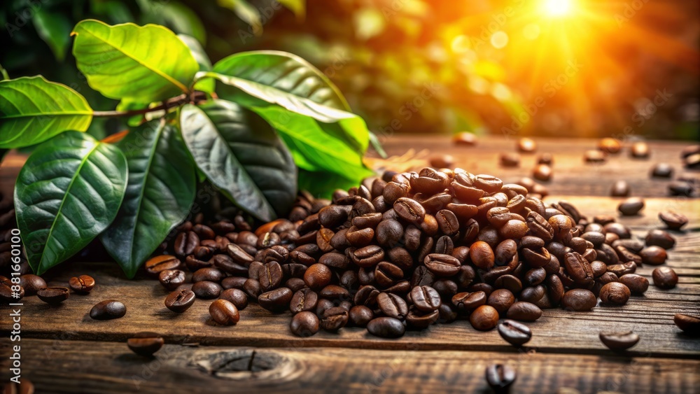 Obraz premium Dark brown coffee beans scattered on a rustic wooden table surrounded by green leaves and a soft, warm, golden light.