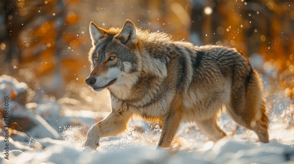 Majestic Wolf in Snowy Forest at Sunset - Generative AI Majestic Wolf in Snowy Forest at Sunset - Generative AI
