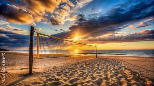 Vibrant beach volleyball court at sunset with a lone volleyball ball resting in the sand, awaiting the next serve.