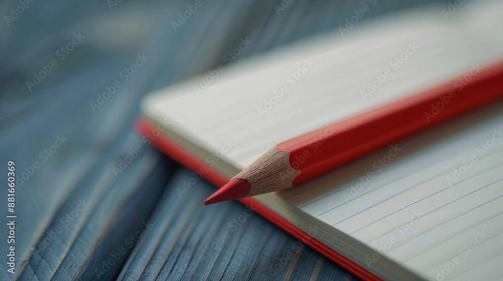 Close up view of red pencil on open blank notebook Close up view of red pencil on open blank notebook