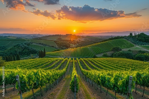 Wallpaper Mural A panoramic view of a vineyard at sunset, with rows of grapevines under the warm, golden light. AI Generative. Torontodigital.ca