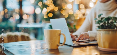 freelance lifestyle with a person working in a cafe selective focus, flexible work, whimsical, Composite, cafe backdrop photo