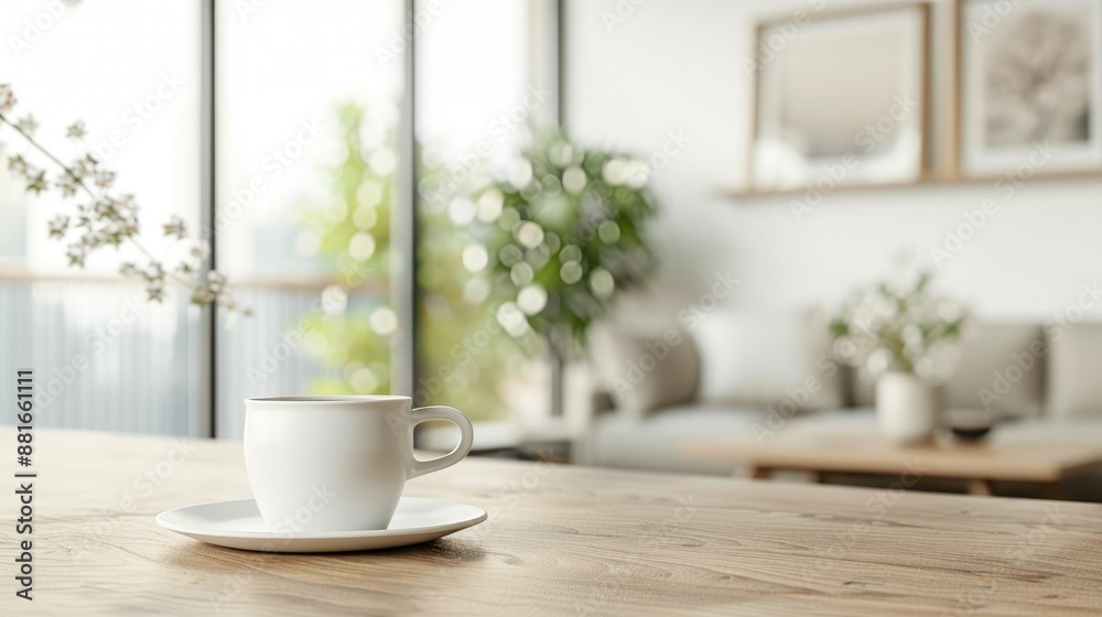Coffee cup and photo frame on wooden counter with blurred modern living room background Coffee cup and photo frame on wooden counter with blurred modern living room background