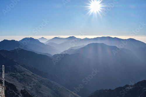 views of the atlas mountains from the summit of mount toubkal . toubkal national park. Morocco