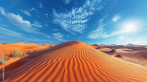 Summer desert, rolling sand dunes, intense sunlight, clear blue sky, dry and arid, expansive view