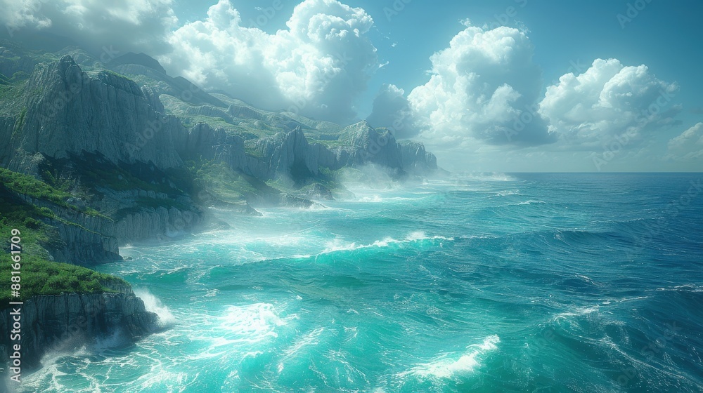 Summer coastal cliffs, dramatic ocean waves, rocky shoreline, bright sunlight, rugged and wild Summer coastal cliffs, dramatic ocean waves, rocky shoreline, bright sunlight, rugged and wild