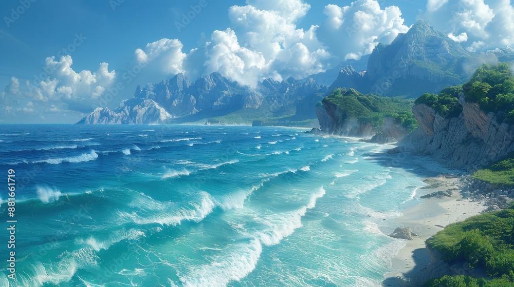 Summer coastal cliffs, dramatic ocean waves, rocky shoreline, bright sunlight, rugged and wild Summer coastal cliffs, dramatic ocean waves, rocky shoreline, bright sunlight, rugged and wild