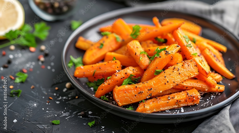 Tasty fried carrots on a plate closeup on the table Tasty fried carrots on a plate closeup on the table