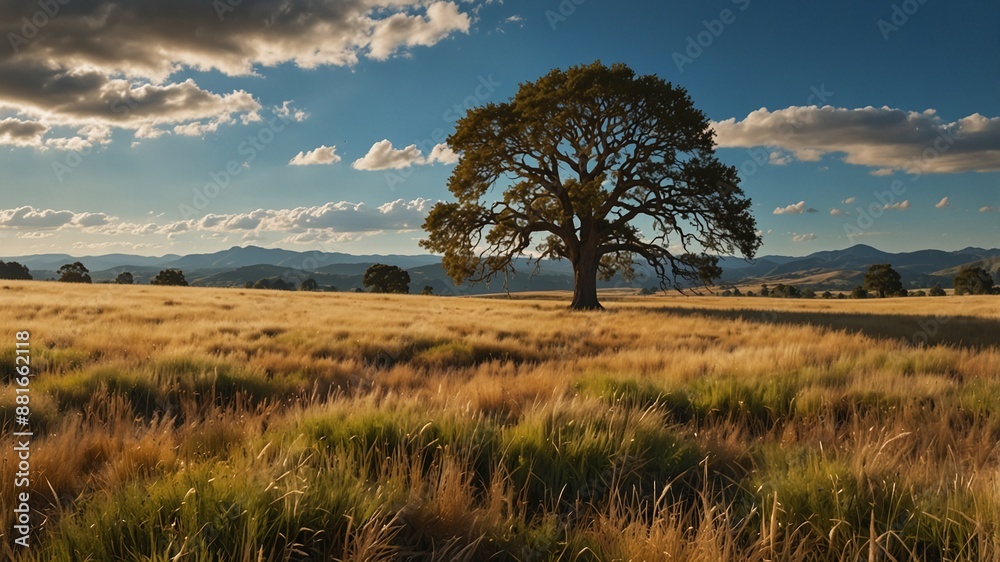 Solitary Oak Tree in a Golden Field Under a Vibrant Blue Sky with Rolling Hills Solitary Oak Tree in a Golden Field Under a Vibrant Blue Sky with Rolling Hills