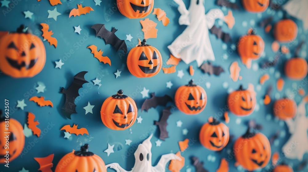 A school bulletin board decorated with Halloween-themed art, including pumpkins, bats, and ghosts. Space for school announcements or student work A school bulletin board decorated with Halloween-themed art, including pumpkins, bats, and ghosts. Space for school announcements or student work