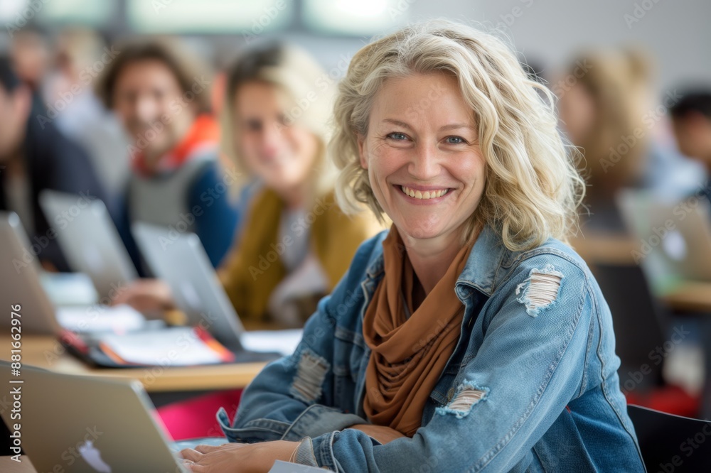 A smiling woman dressed in casual attire is seen at a business workshop, engaging with colleagues and using laptops. The indoor office setting shows modern workplace collaboration and teamwork A smiling woman dressed in casual attire is seen at a business workshop, engaging with colleagues and using laptops. The indoor office setting shows modern workplace collaboration and teamwork