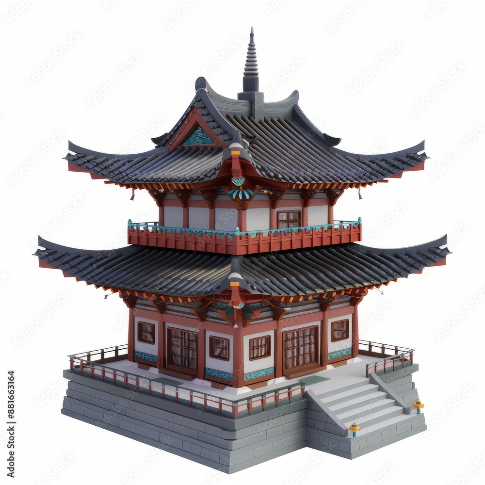 Obraz premium 3D Render, Low Poly style of a Korean Buddhist temple, on isolated white background, Generative AI