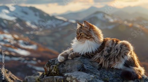 Majestic Norwegian Forest Cat Lounging on Rocky Outcrop with Epic Mountain Landscape photo