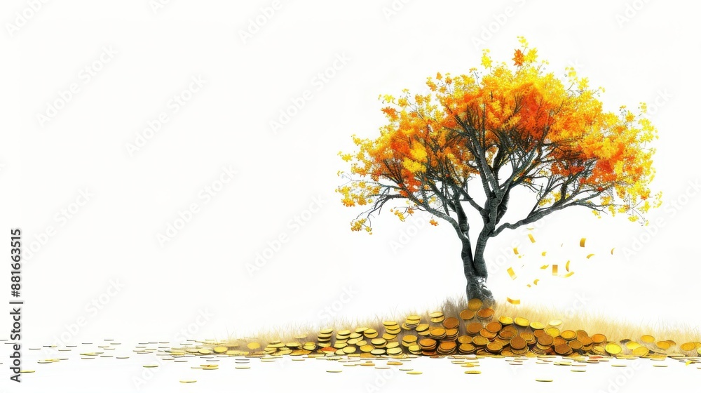 A tree with vibrant leaves sprouting from gold coins, realistic background, representing wealth accumulation, isolated on a white background with room for text
