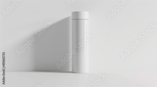 Simple and Elegant White Cylindrical Bottle with Minimalist Label on White Surface