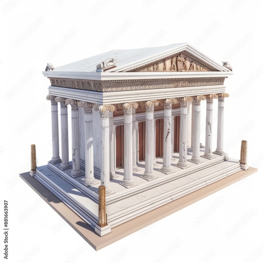 Obraz premium 3D Render, Low Poly style of a Roman temple with columns, on isolated white background, Generative AI