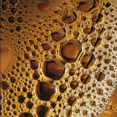 Abstract Wallpaper Featuring Microscopic View of Beer Foam at Summer Party: Detailed Close-Up of Fermentation Bubbles. Ideal for Editorial Content and Book Covers, Highlighting High-Resolution Microsc photo