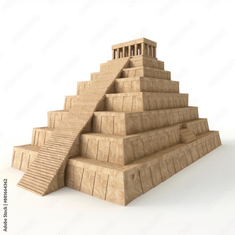 Fototapeta premium 3D Render, Low Poly style of an ancient Mesopotamian ziggurat, on isolated white background, Generative AI