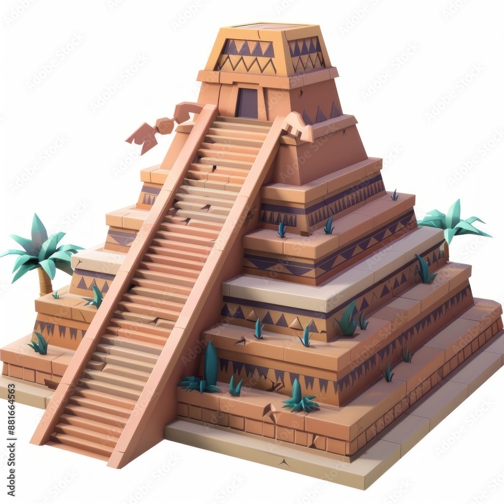 3D Render, Low Poly style of an Aztec temple, on isolated white background, Generative AI 3D Render, Low Poly style of an Aztec temple, on isolated white background, Generative AI