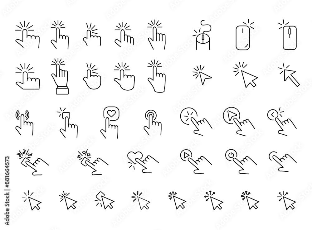 Clicking icons. Click hands set. Clicking arrows icon symbols. Cursors signs collection. Computer mouse icons. Editable stroke. Clicking icons. Click hands set. Clicking arrows icon symbols. Cursors signs collection. Computer mouse icons. Editable stroke.