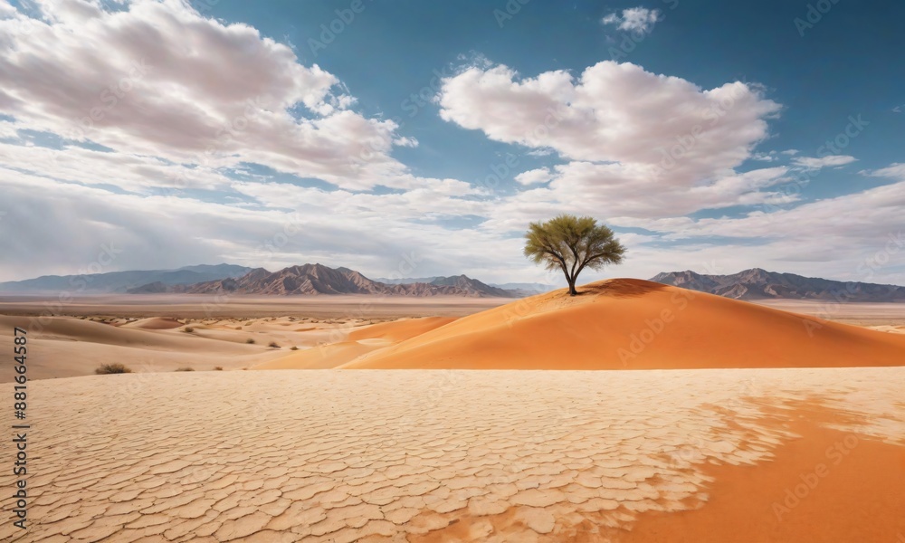 Minimalistic landscape, orange desert with hills mountains sand sky and clouds, lonely tree