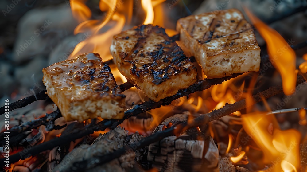 The grilling process tofu chops over an open fire The grilling process tofu chops over an open fire